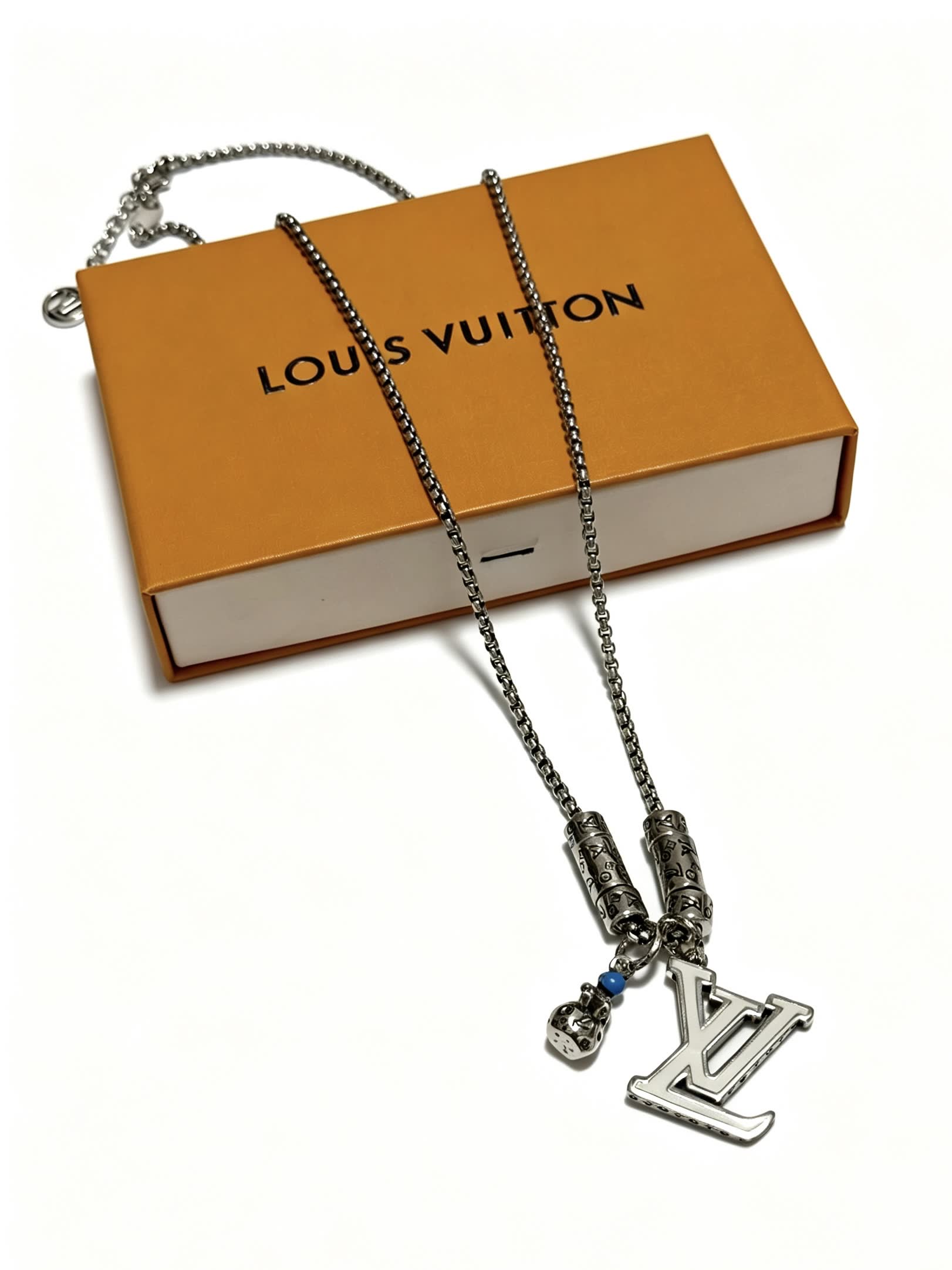 Louis Vuitton Silver Tone Chain Necklace with LV Logo and Charms